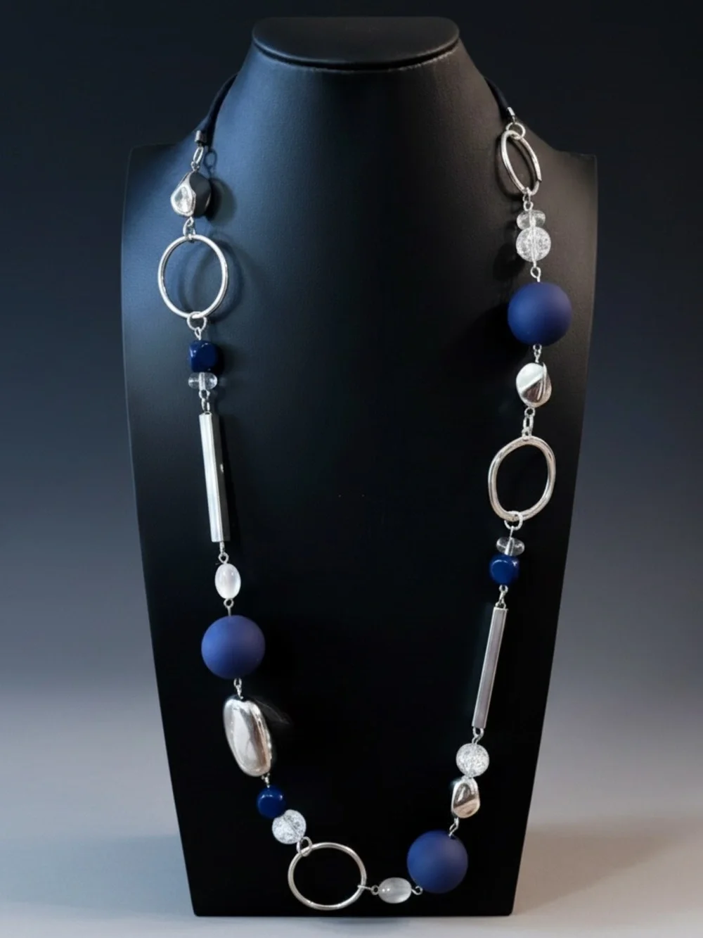 Womens Blue and Silver Long Beaded Necklace